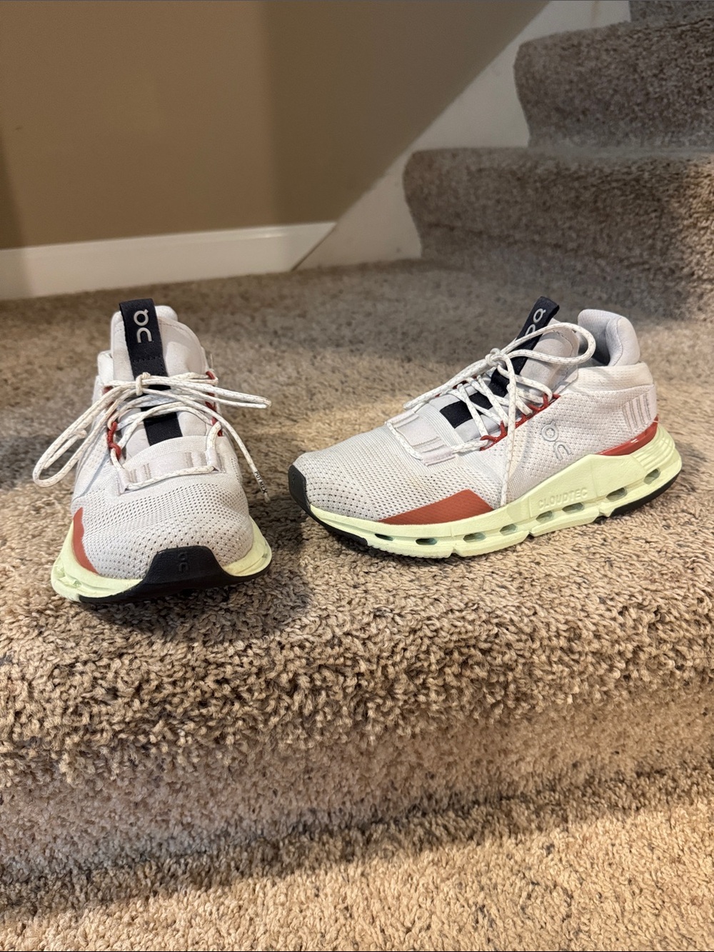 On Running Women's White, Red & Light Green Cloudnova Athletic Shoes - Picture 3 of 8